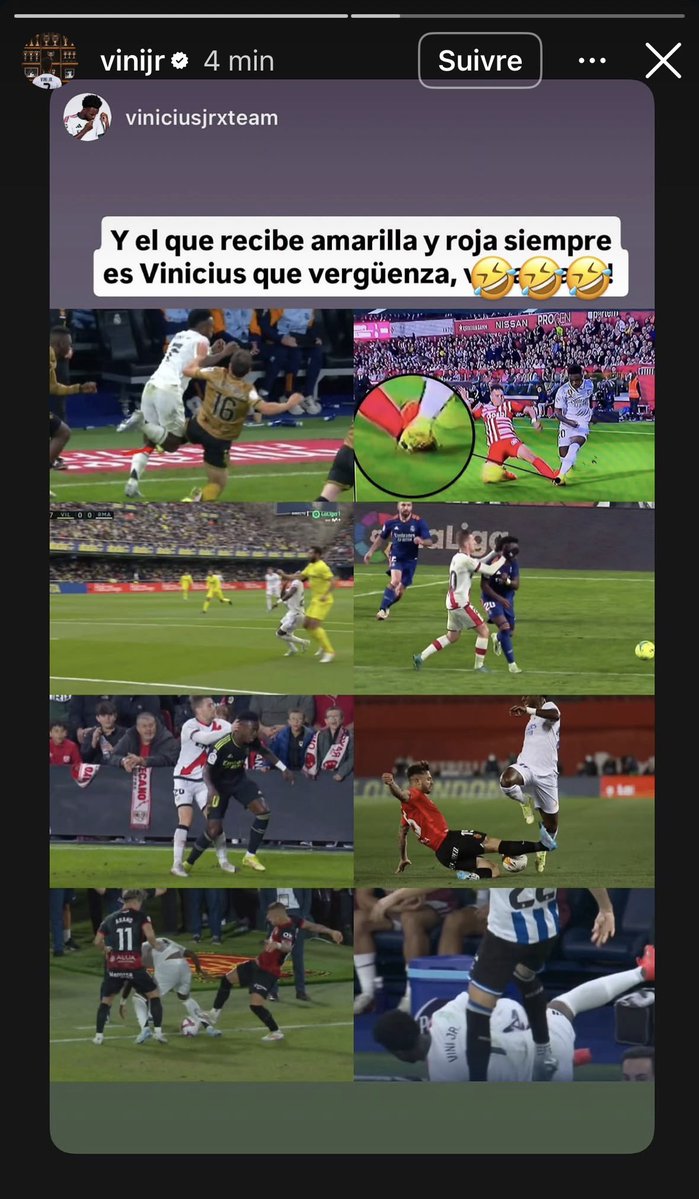 ActuFoot_'s tweet photo. 🚨🚨 VINICIUS 🇧🇷 relaie en story un montage dénonçant plusieurs gestes subis SANS SANCTION ! 😤

Avec ce message : « Et celui qui reçoit toujours les cartons jaunes et rouges, c’est Vinicius. 

QUELLE HONTE ». 

📲 Instagram https://t.co/0ibGJ9uiCm