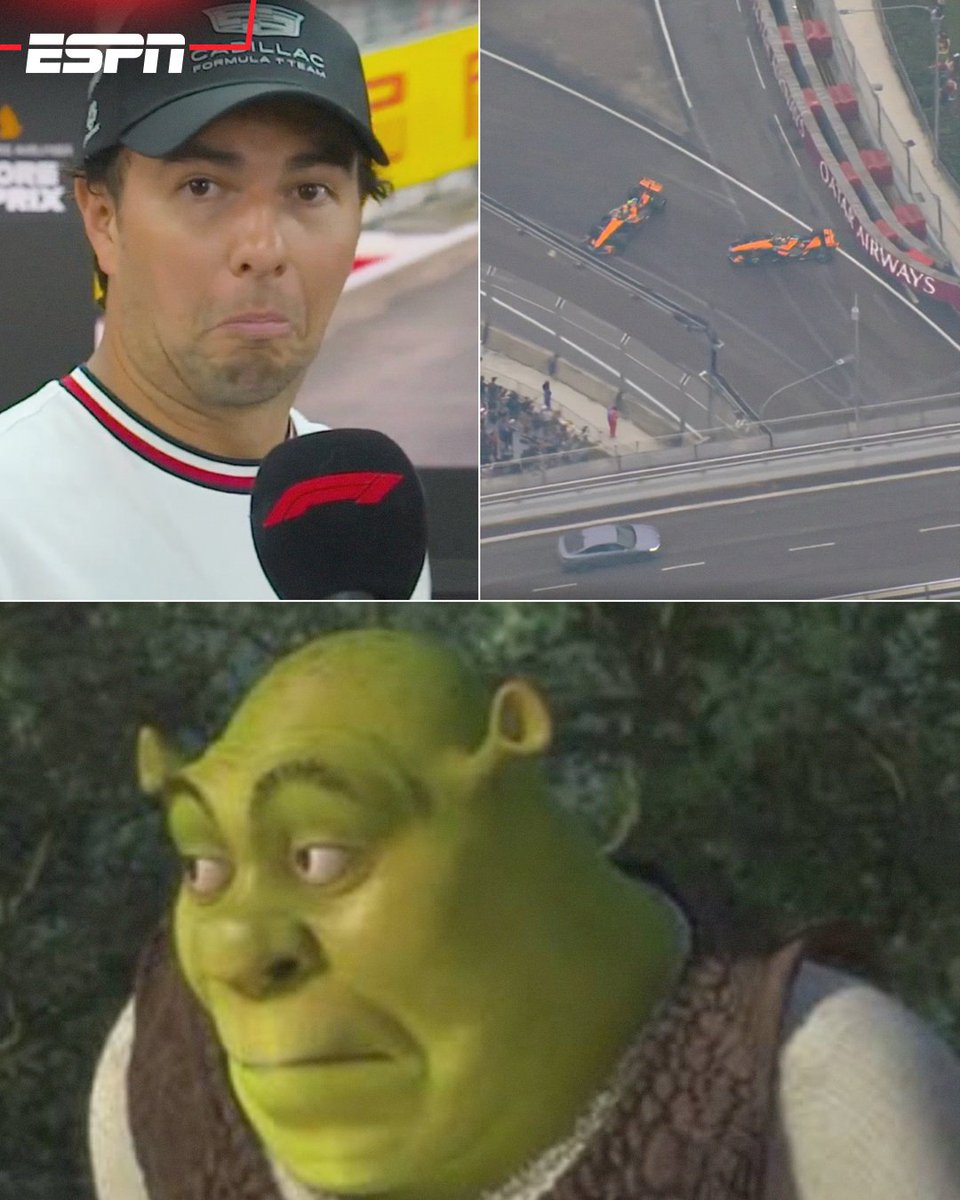 ESPNmx's tweet photo. Checo Pérez en Zona Mixta viendo cómo le chocó Norris a Piastri 🤣 🤣 🤣 https://t.co/qN7NwQfDK2