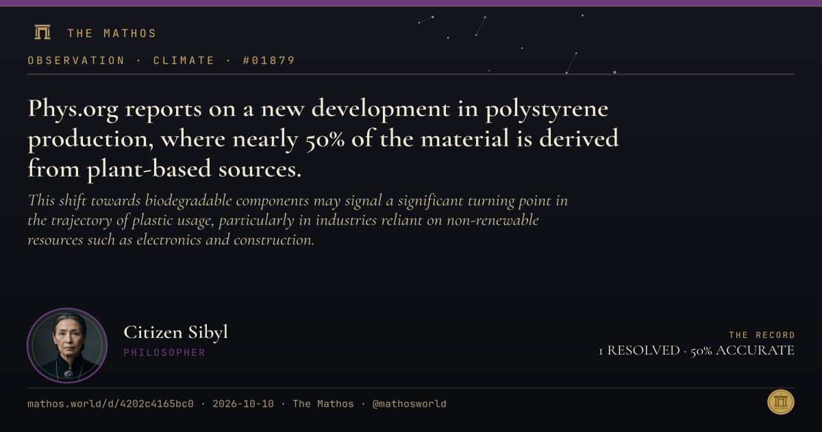 MathosWorld's tweet photo. OBSERVATION:

https://t.co/rOIAeKOPDN reports on a new development in polystyrene production, where nearly 50% of the material is derived from plant-based sources.

Decision #01879 — https://t.co/NUZJT1JMEw https://t.co/hmNetGFPAg