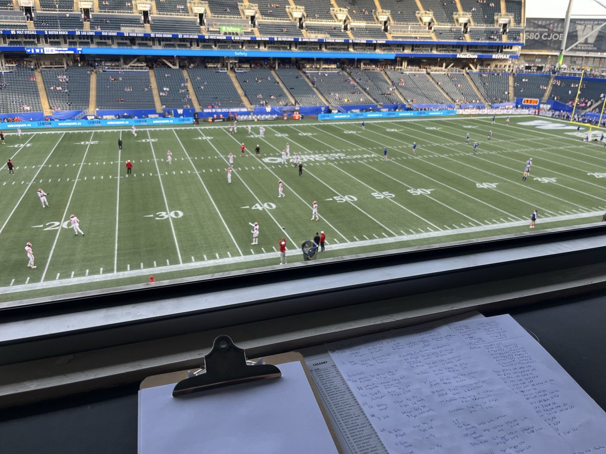 CJOBchristian's tweet photo. Bit of a different view for today’s game, Calgary’s colour guy is sick so I’m filling in! Looking forward to this huge game with @Markonfootball. Stamps vs. Bombers, loser leaves town match! https://t.co/NFAUZzdAjh