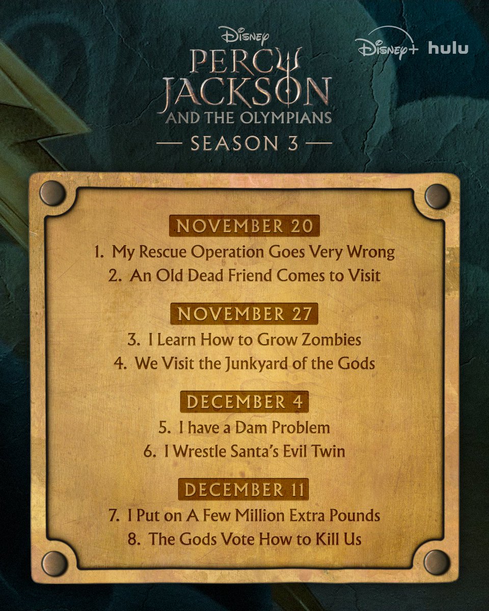 PercySeries's tweet photo. Heroes, hunters, and half-bloods: this one’s for you. The two-episode premiere of #PercyJackson and the Olympians Season 3 is coming to Disney+ and Hulu on November 20. https://t.co/estppaEjj9