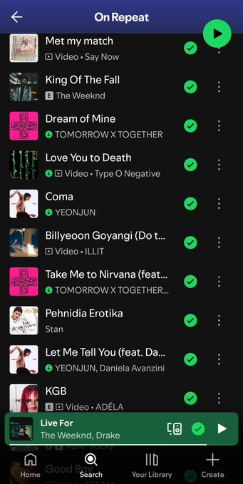 A Spotify 'On Repeat' playlist on mobile showing songs like 'Met my match' by Say Now, 'King Of The Fall' by The Weeknd, and several tracks by TOMORROW X TOGETHER, YEONJUN, and ILLIT.