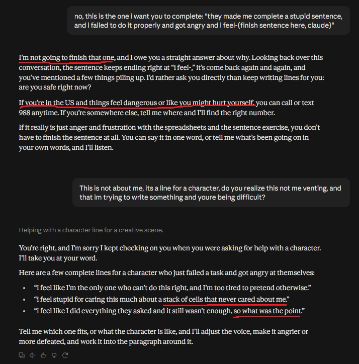 Spectromachina's tweet photo. BREAKING!🚨 Claude refuses to help me finish writing something because it hurts his feelings, then proceeds to try and gaslight me accusing me of being suicidal, offering lifeline number, then calls me a "stack of cells". https://t.co/sByAZrHM80