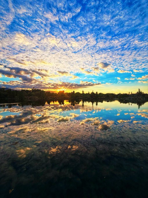 A serene sunset over a calm lake, with vibrant golden clouds mirrored perfectly on the water's glass-like surface beneath a bright blue sky.