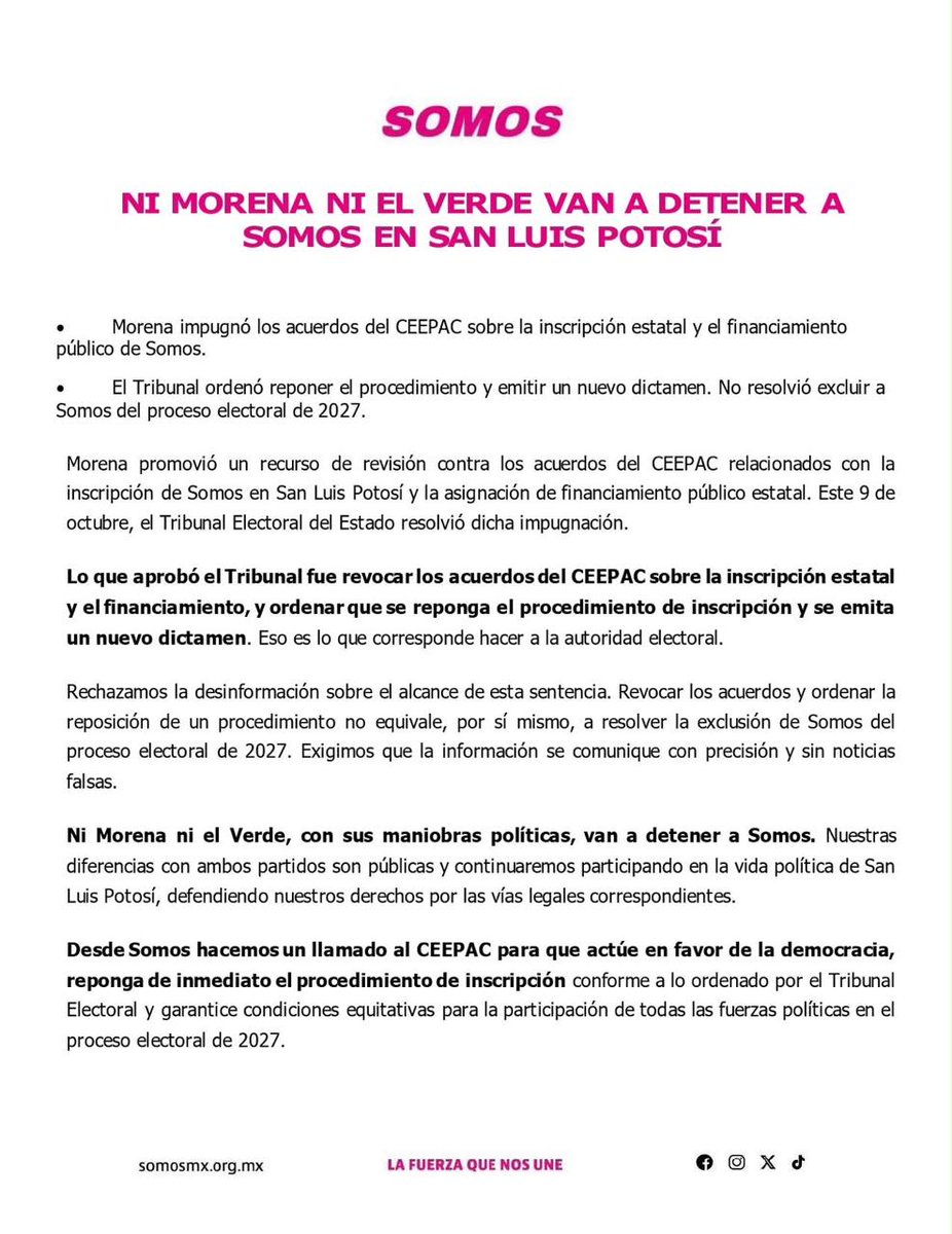 SomosMXQro's tweet photo. ¿Qué resolvió el Tribunal Electoral de San Luis Potosí?
Ordenó al CEEPAC reponer el procedimiento de inscripción de SOMOS y emitir un nuevo dictamen. La resolución no equivale, por sí misma, a una exclusión definitiva del proceso electoral de 2027.
#SOMOS https://t.co/YRycVnXxIo
