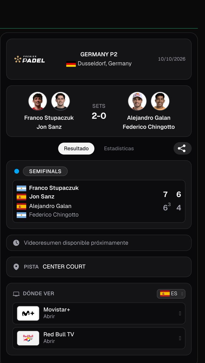 PadelscoreApp's tweet photo. π Final del partido
Franco Stupaczuk / Jon Sanz 7-6(3) | 6-4 Alejandro Galan / Federico Chingotto
π©πͺ π GERMANY P2 Β· SemiFinals
β Franco Stupaczuk / Jon Sanz pasan a la final
#GermanyP2 #PremierPadel #Padelscore https://t.co/CrKL36Cu5f
