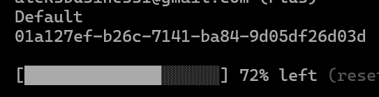 A screenshot showing a partially obscured email address ending in 'defaultbusiness@gmail.com', a UUID '01a127ef-b26c-7141-ba84-9d05df26d03d', and a battery indicator displaying '72% left'.