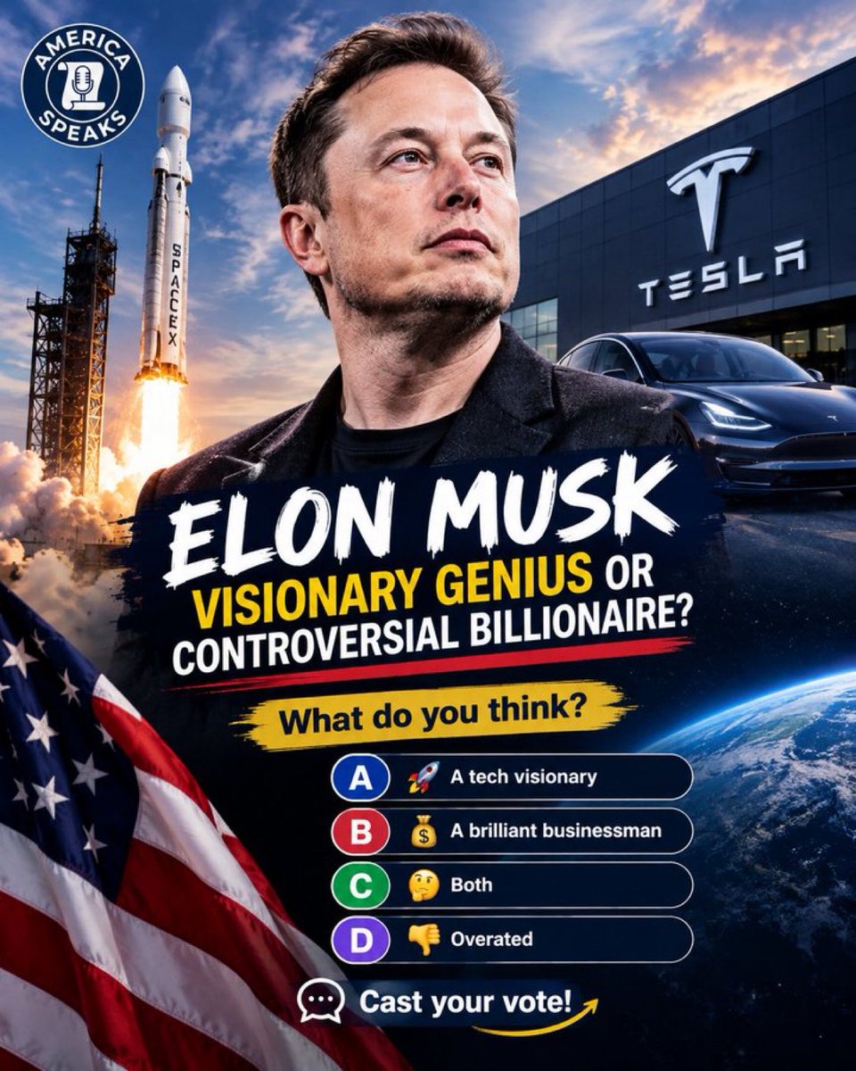 Liftoffda's tweet photo. 🇺🇸 ELON MUSK: Visionary Genius or Controversial Billionaire? 🤔
What do you think?
A) 🚀 A tech visionary
B) 💰 A brilliant businessman
C) 🤔 Both
D) 👎 Overrated
💬 Cast your vote! 👇 https://t.co/VBT7K5BCNt