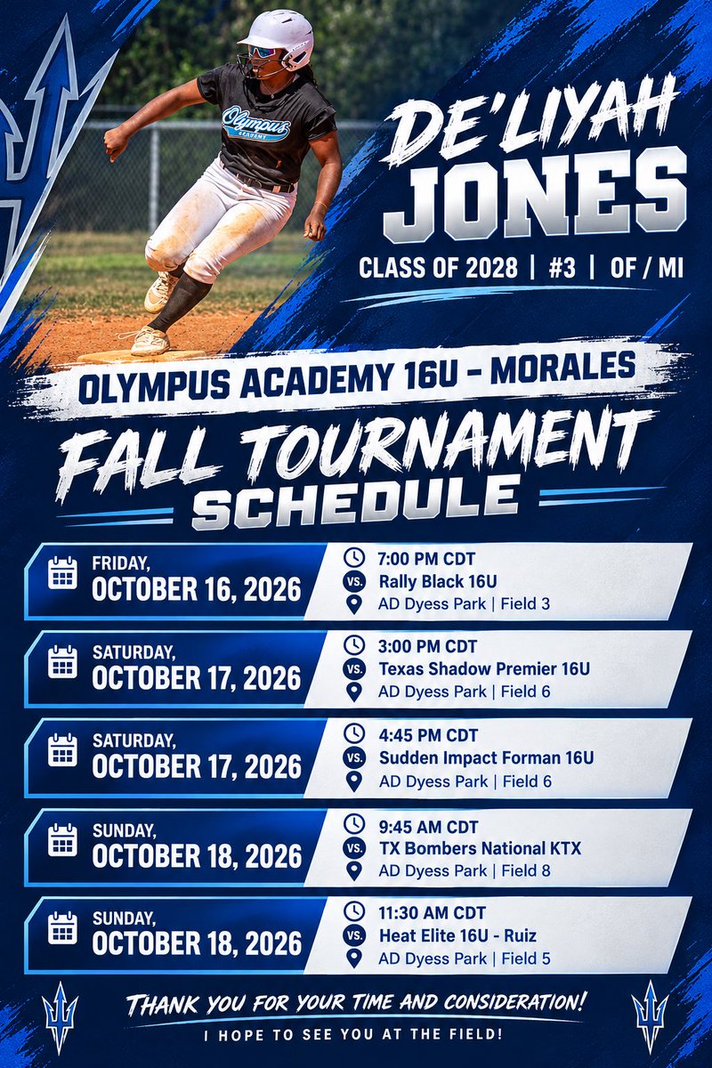 deliyahsoftbal's tweet photo. 🥎 My updated fall schedule is here! 💙Olympus Academy 16U–Morales. Hope to see you at the field!
@softballhype @PrepSoftball @AMA_Morales16u @LSUA_SB @BlinnSoftball @SBRRetweets @NOCTonkSB @Fins_Softball @kohs_softball @SoftballTemple @SanJacSoftball https://t.co/eKCvHqmFCb