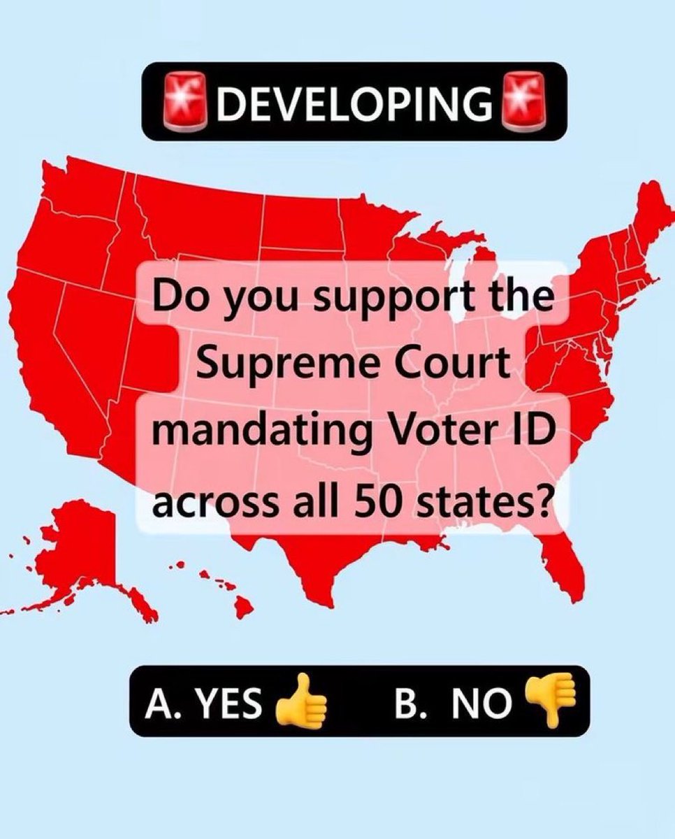 juanchonani1's tweet photo. Do you support mandatory Voter ID nationwide? 🇺🇸 https://t.co/t2zCdrp89y