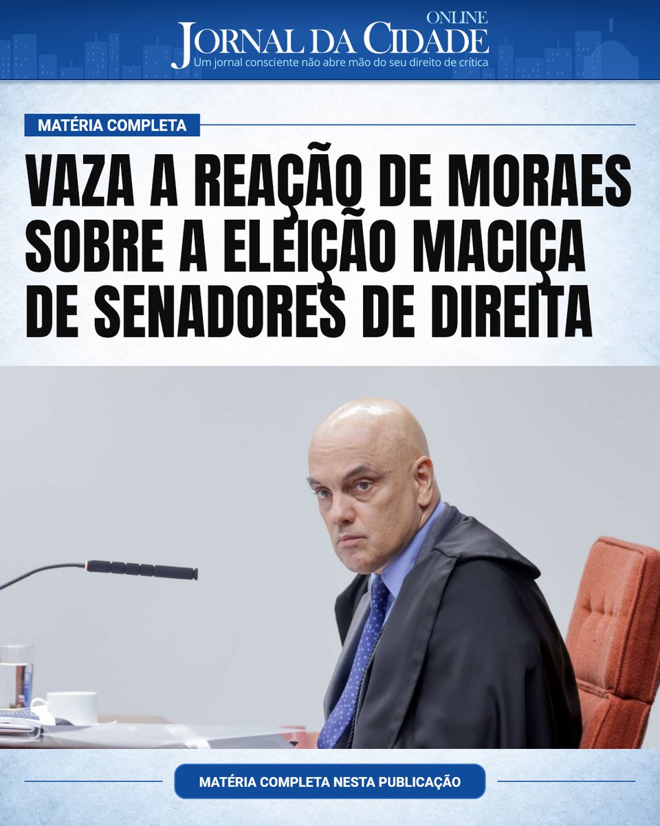 JornalDaCidadeO's tweet photo. VAZA A REAÇÃO DE MORAES SOBRE A ELEIÇÃO MACIÇA DE SENADORES DE DIREITA

A jornalista de O Globo, Bela Megale, conseguiu obter com pessoas do entorno do ministro Alexandre de Moraes qual a sua impressão sobre a nova composição do Senado Federal.

Segundo ela, o ministro se mostrou "surpreso" com o resultado das urnas.

Davi Alcolumbre teria dito a ele que senadores de centro seriam eleitos e que não haveria uma maioria contrária ao STF na Casa.

Diante disso, Moraes avaliava que Alcolumbre, seu aliado e amigo, conseguiria se reeleger como presidente do Senado, o que seria uma importante barreira de contenção para pedidos de impeachment, já que o presidente do Senado precisa pautar o tema. Deu tudo errado.

Moral da história: O seu impeachment já está precificado, pois os senadores recém-eleitos não estão dispostos a trair o seu eleitorado. Por outro lado, Flávio Bolsonaro não deverá ousar entabular um acordão para salvar o carrasco do seu pai.

Em suma, um homem com medo. Essa é a melhor descrição da situação atual de Alexandre de Moraes.

Matéria do Jornal da Cidade Online