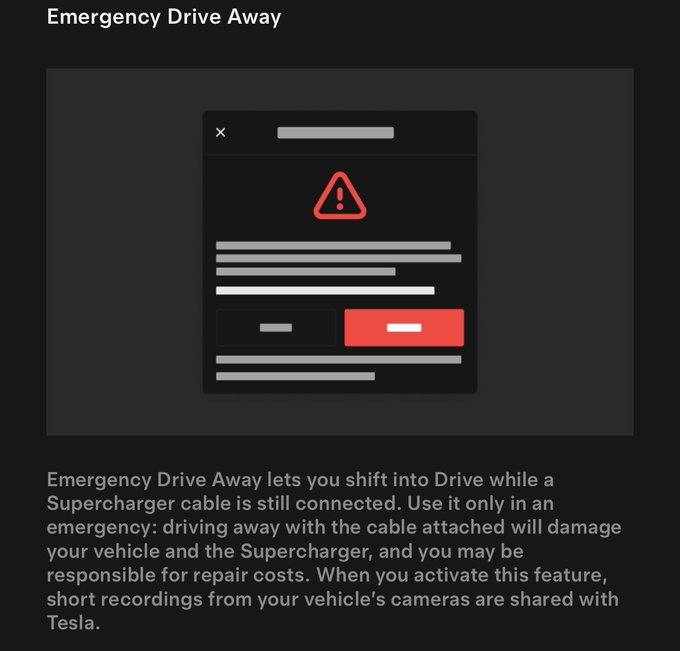 A Tesla interface screenshot titled 'Emergency Drive Away' warning users that shifting into Drive while a Supercharger cable is connected will damage their vehicle and the Supercharger.