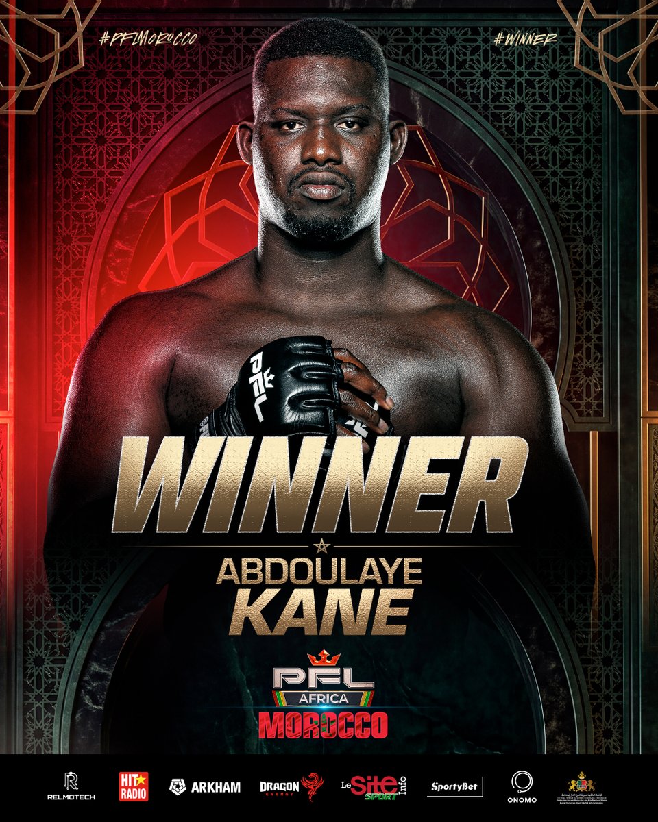 PFLAfrica's tweet photo. KANE RULES CASABLANCA! 🇸🇳👑

He did it again! Abdoulaye Kane brings explosive heavyweight fire to the main event stage and takes the TKO huge win back home to Senegal! 🇸🇳🔥

An absolute titan in the cage!

#PFLMorocco | LIVE NOW | Mohammed V Complex | Live on SuperSport & STARZPLAY