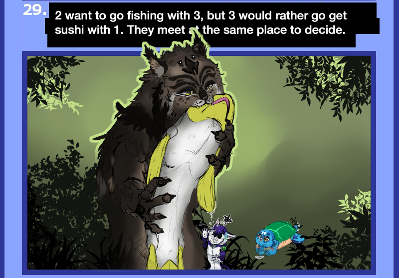 Bubblecat_Ren's tweet photo. Kinda just bsing the background lol. Need to probably add a little smore to it, and it should just be passable. 😹 Big guys name is Bear. Under the fish slime is #Catculus and #Turtlecat signing, "camp", ready for a good ol' camp out and cookin some fish, old camp style. https://t.co/1CUK2O5gzV