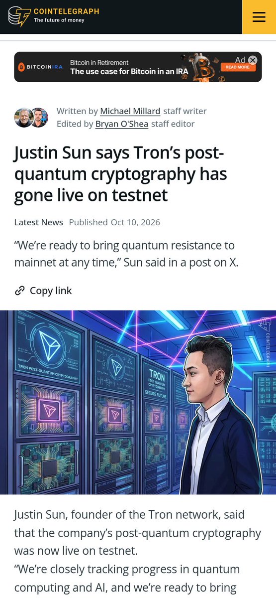 DexSwapy's tweet photo. Justin Sun says TRON's post-quantum crypto is live on testnet.

Real: Sun posted on X (Oct 10) that TRON's post-quantum cryptography is operational on testnet. The tech is genuinely there — the Nile testnet has supported two post-quantum signature schemes (FN-DSA-512 and ML-DSA-44) since a Jun 30 upgrade. TRON holds ~$95B in stablecoins, so this is the chain with the most to protect.

What's not: "ready to bring quantum resistance to mainnet at any time" is Sun's claim, with no date attached. The earlier schedule called for a Q3 mainnet rollout — that window closed Sept 30. Mainnet activation still needs a governance vote.

Verdict: CONFIRMED