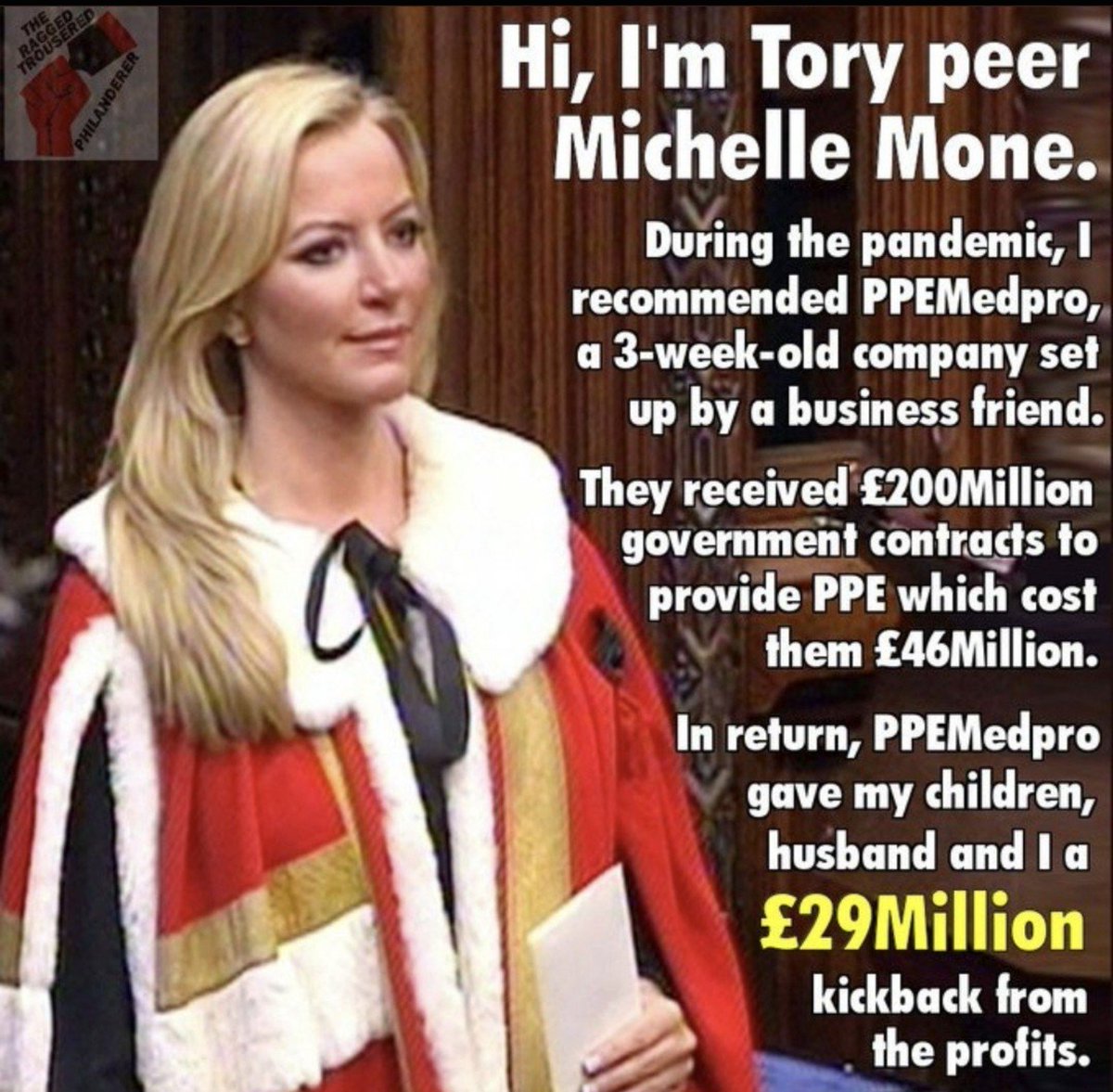 happymonkey1874's tweet photo. Defrauded the UK taxpayer out of £200m for useless PPE...

Not in Prison! 
Never been prosecuted! 
Never paid back a penny! 
Still a peer! 

There's your two tier justice system...

#PPEMedPro #PPE #MichelleMone https://t.co/MH7XVhUhnN