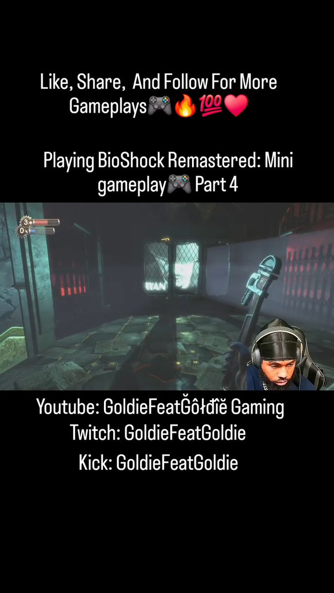 A promotional graphic for a BioShock Remastered gameplay video, featuring the text 'Like, Share, And Follow For More Gameplays' with controller and fire emojis, social media handles (Youtube/Twitch/Kick: GoldieFeatGoldie), and gameplay footage with a small facecam of the streamer.