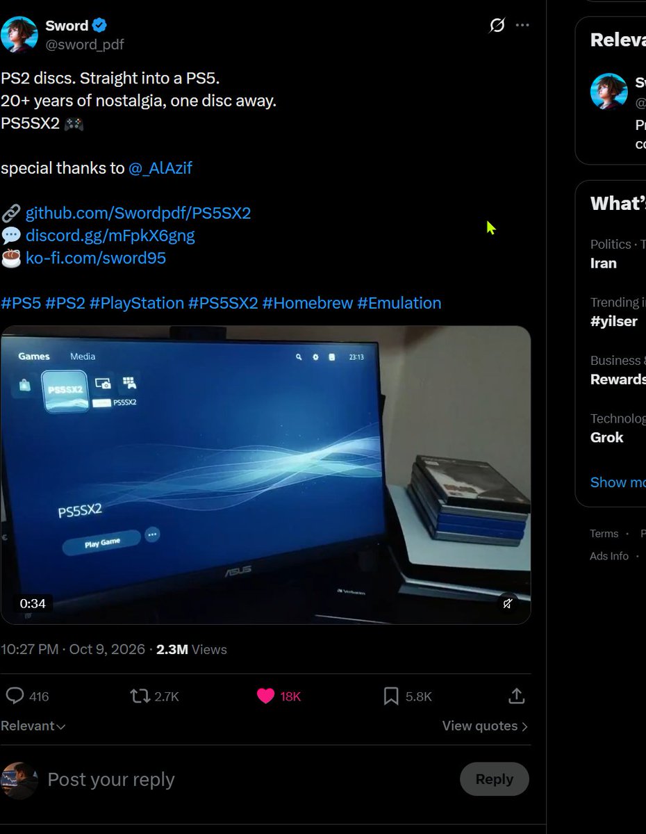 real_klea's tweet photo. PS5SX2 is literally everywhere rn… TikTok, YouTube, X, millions of views. People are tired of Sony pushing subscriptions when they already own the games. Now an open-source dev is bringing PS2 games to PS5 with free software. $PS5SX2 ... DYOR, but this is a gem. https://t.co/1xeSz58ScU