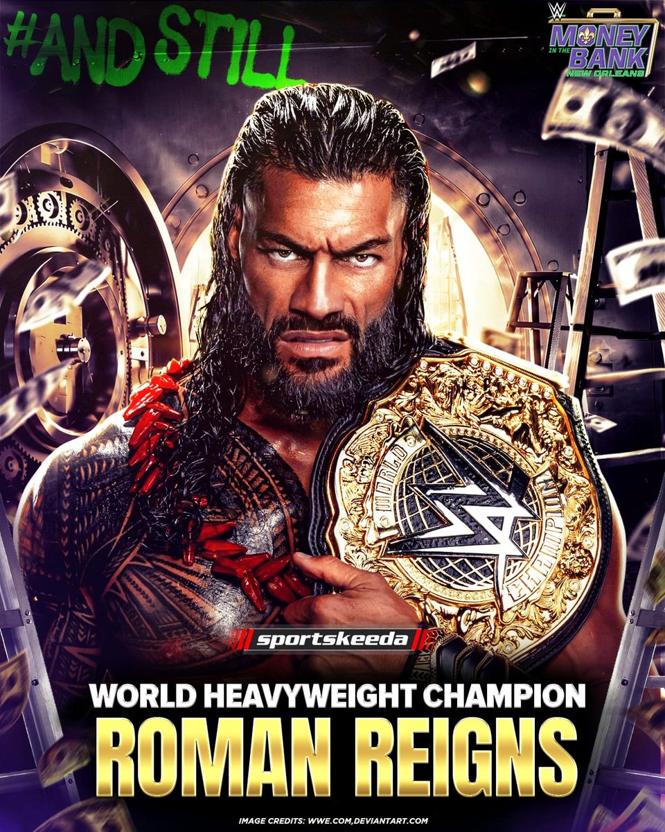 SKWrestling_'s tweet photo. AND STILL.

All on his own, Roman Reigns stomps over The Megastar's challenge to retain the WWE World Heavyweight Championship!
#MITB https://t.co/Qend0qEXVm