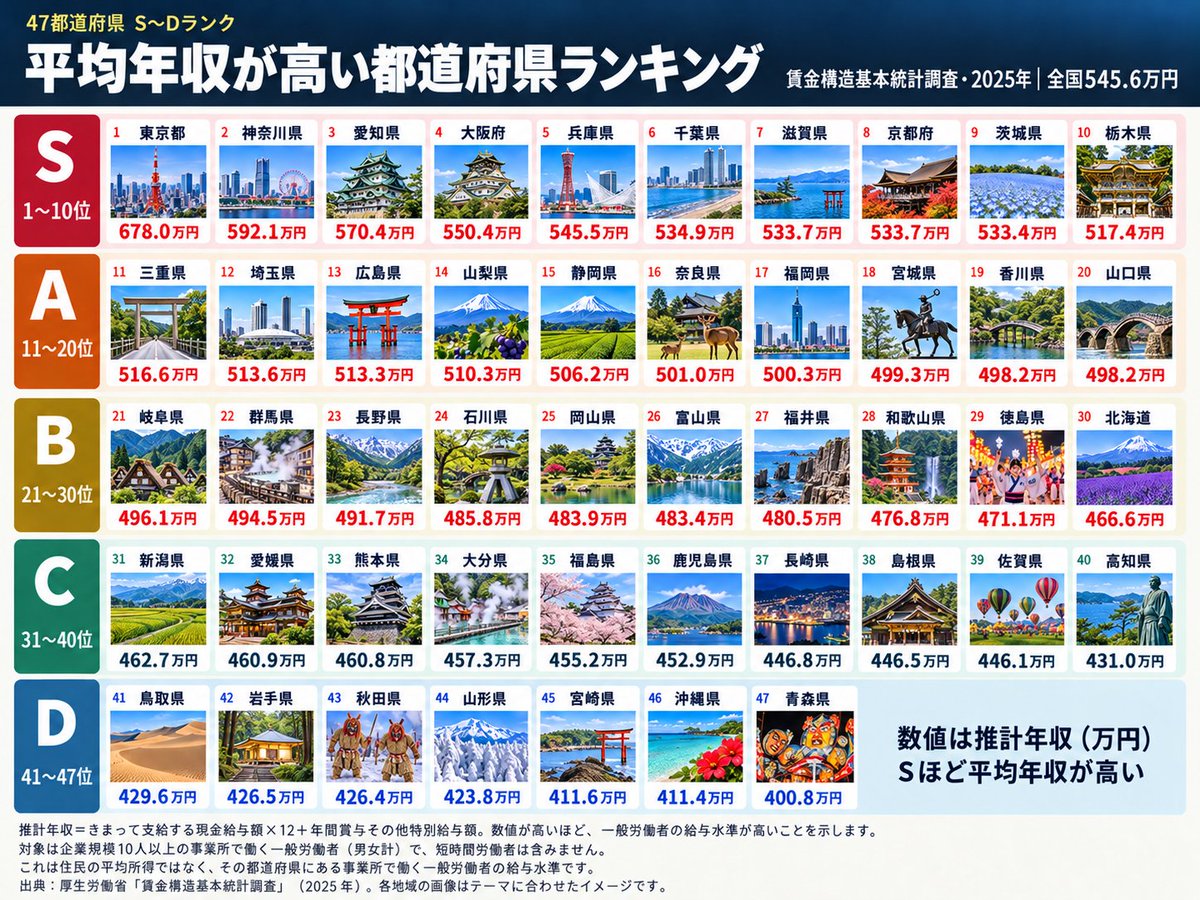 tonma5963's tweet photo. 47都道府県「平均年収ランキング」

Tier表｜厚生労働省「賃金構造基本統計調査」（2025年）の都道府県別データをもとに、「きまって支給する現金給与額×12＋年間賞与その他特別給与額」で推計年収を算出。高い順からS〜Dに独自分類

🥇1位 東京都 678.0万円
🥈2位 神奈川県 592.1万円
🥉3位 愛知県 570.4万円

出典：厚生労働省「賃金構造基本統計調査」（2025年）

※数値は月例給与と年間賞与等から算出した推計年収
※企業規模10人以上の事業所で働く一般労働者・男女計が対象
※短時間労働者は含みません
※S〜D分類は当アカウントによる独自区分です
