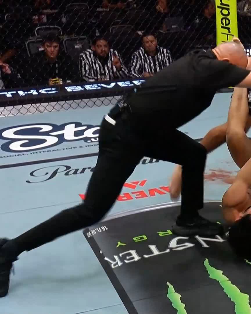 A referee rushes in to stop a UFC fight inside the octagon, with sponsor logos like "DraftKings," "Monster Energy," and "Stake" visible on the canvas, as fighters Niko Price and Leon Shahbazyan are shown in their final moments of competition before retirement.