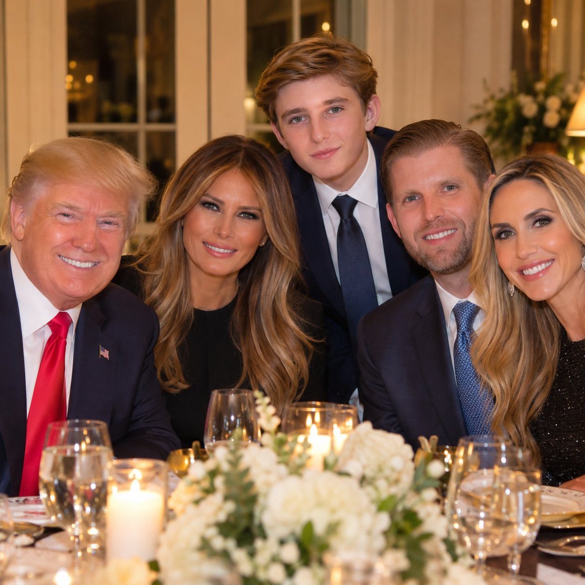 Barronllll's tweet photo. Donald, Melania, Barron, Eric, and Lara — gathered around the dinner table, sharing smiles and the simple joy of being together. No headlines can capture the true value of family. 🇺🇸✨
Because the greatest moments aren’t performed — they’re lived. ❤️
#TrumpFamily #FamilyFirst https://t.co/v3HixtKl9K