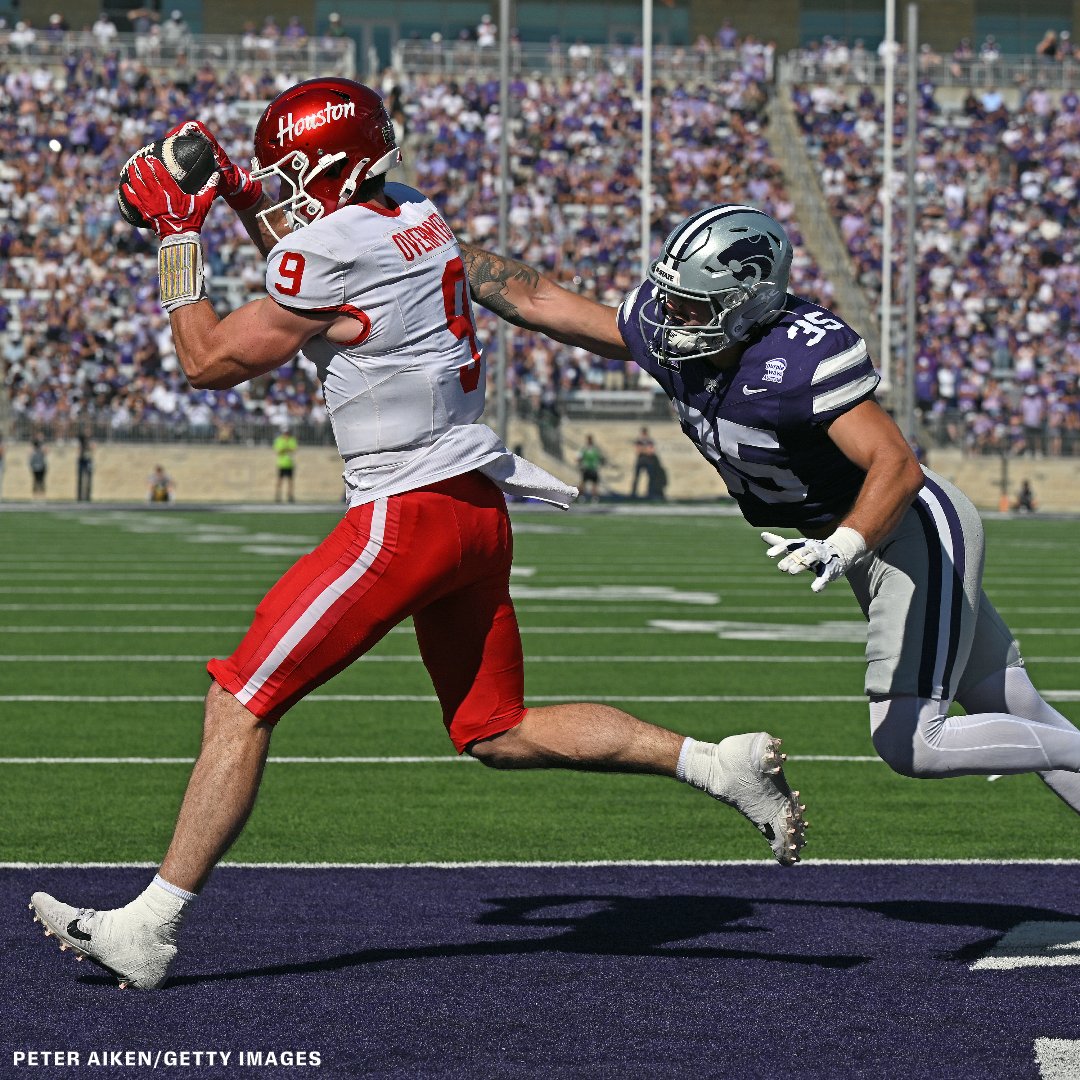 ESPNInsights's tweet photo. Over and over and over... and OVERMYER again!! 

Houston's Patrick Overmyer caught 4 Rec TD vs Kanas State, the most by a Cougar since 2011 🔥

He's also the 1st TE in FBS with 4 scores since Isaiah Likely in 2021. https://t.co/jP0E82zR3O