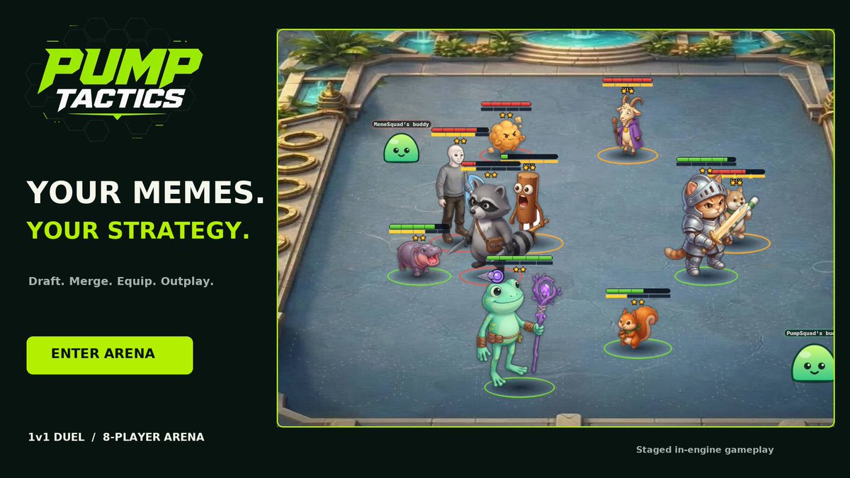 PUMPTacticsGame's tweet photo. Your favorite memes. Your next winning comp.

Meet PUMP TACTICS: a meme auto-battler where your formation matters.

Build a frontline. Protect your casters. Send assassins into the backline.
Merge three copies, craft your items and time your economy.

Take on a rival in a 1v1 duel or fight to be the last player standing in an
8-player arena. Every third round, defeat mobs for a chance at item drops.

Start with a guest nickname, or verify your Solana wallet to climb the ranked
ladder. Wallet sign-in is a message signature — no transfers or purchases.

Beta is live https://t.co/RrzGYCX3xH