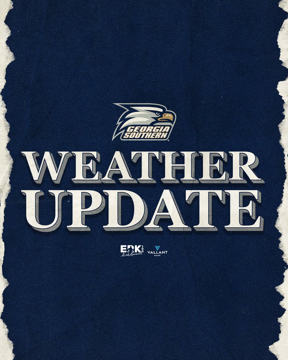GSAthletics_FB's tweet photo. Pending any further weather delays, Georgia Southern and James Madison will be cleared to take the field at 7 p.m. with an 8:10 p.m. ET kick. 

Gates will open at 7 p.m. Reminder that umbrellas are prohibited in Paulson Stadium. 

#HailSouthern https://t.co/KuS4fXOxVJ