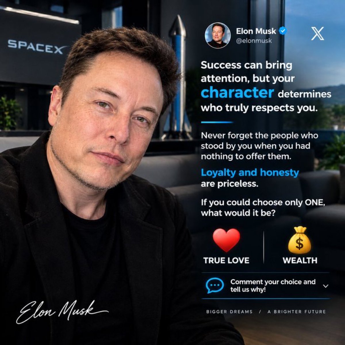 Liftoffda's tweet photo. Success  can bring attention, but your character determines who truly respects you.

Never forget the people who stood beside you when you had nothing to offer them. Loyalty and honesty

If you could choose only ONE, what would it be?

❤️ TRUE LOVE 💰 WEALTH https://t.co/XKiCH3vzsA