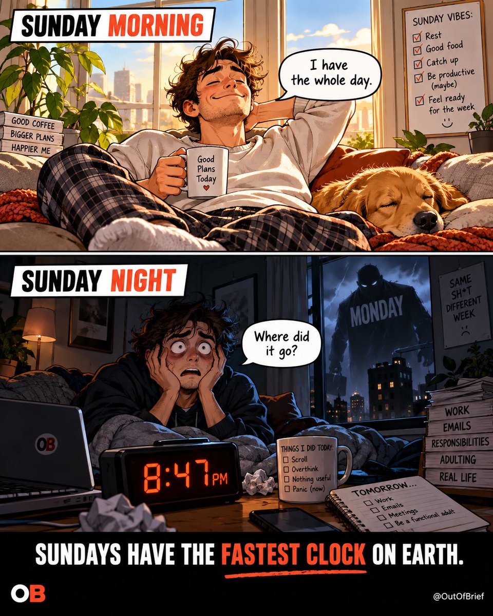 OutOfBrief's tweet photo. Sunday morning:

“I have the whole day.”

Sunday night:

“Where did it go?” https://t.co/J2Hb9PQ9VS