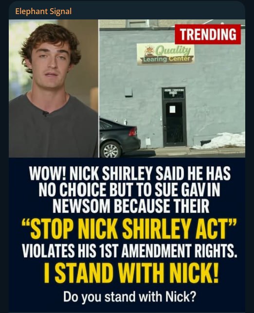 ElephantSignal's tweet photo. 🚨BOOM:

Nick Shirley said he has no choice but to sue Gavin Newsom because their “Stop Nick Shirley Act” violates his 1st Amendment rights.

I STAND WITH NICK.

Do you stand with Nick?

YES or NO? https://t.co/IzIFV7OMVj