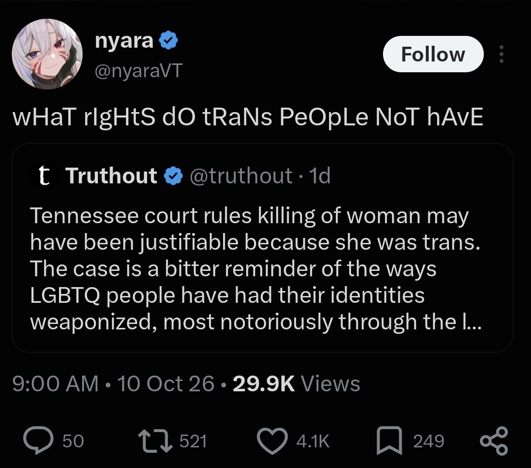 MizusPuddle's tweet photo. I love that this has literally nothing to do with the case at all so Nyara is either accidentally admitting they're a liar or admitting they don't actually read about what they rage bait with and just assume headlines are gospel.

For the TL;DR
This was a domestic issue (they were in a relationship) and the court withheld from the jury that the "little woman" the defendant was scared of was actually a 6 foot 300lb man which 100% would have biased them in a case based on threat assessment.

They were judging him based on how scared a man would be against an average woman in a domestic issue.