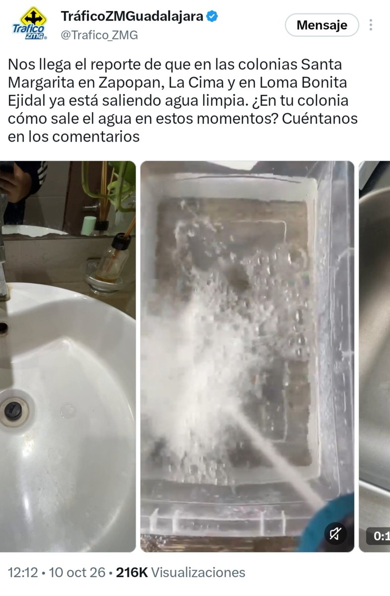 JSTapetillo's tweet photo. "Genuina y natural" (orgánica, le dicen hoy), la publicación de reportes de agua limpia: 3 medios (2 de ellos con 1 minuto de diferencia) comparten los mismos videos y mencionan a las mismas colonias entre las beneficiarias de esta agua, casi bendita, que brotó hoy de los grifos. https://t.co/9gUSlHVh8o