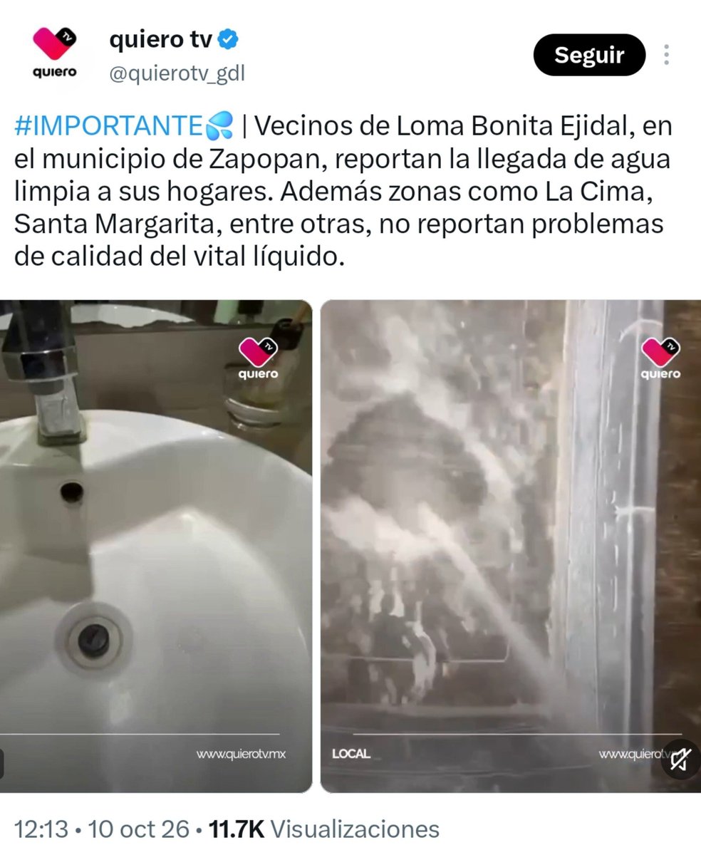 JSTapetillo's tweet photo. "Genuina y natural" (orgánica, le dicen hoy), la publicación de reportes de agua limpia: 3 medios (2 de ellos con 1 minuto de diferencia) comparten los mismos videos y mencionan a las mismas colonias entre las beneficiarias de esta agua, casi bendita, que brotó hoy de los grifos. https://t.co/9gUSlHVh8o