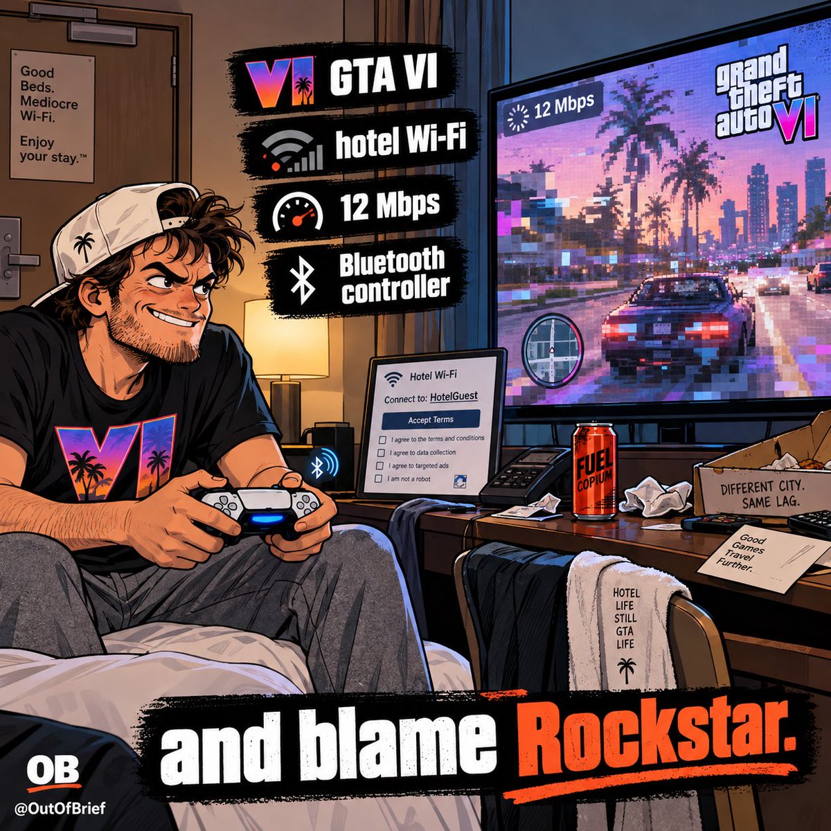 OutOfBrief's tweet photo. GTA VI being available through cloud gaming means somebody is absolutely going to attempt:

GTA VI
hotel Wi-Fi
12 Mbps
Bluetooth controller

and blame Rockstar. https://t.co/HQbdjPmOfX
