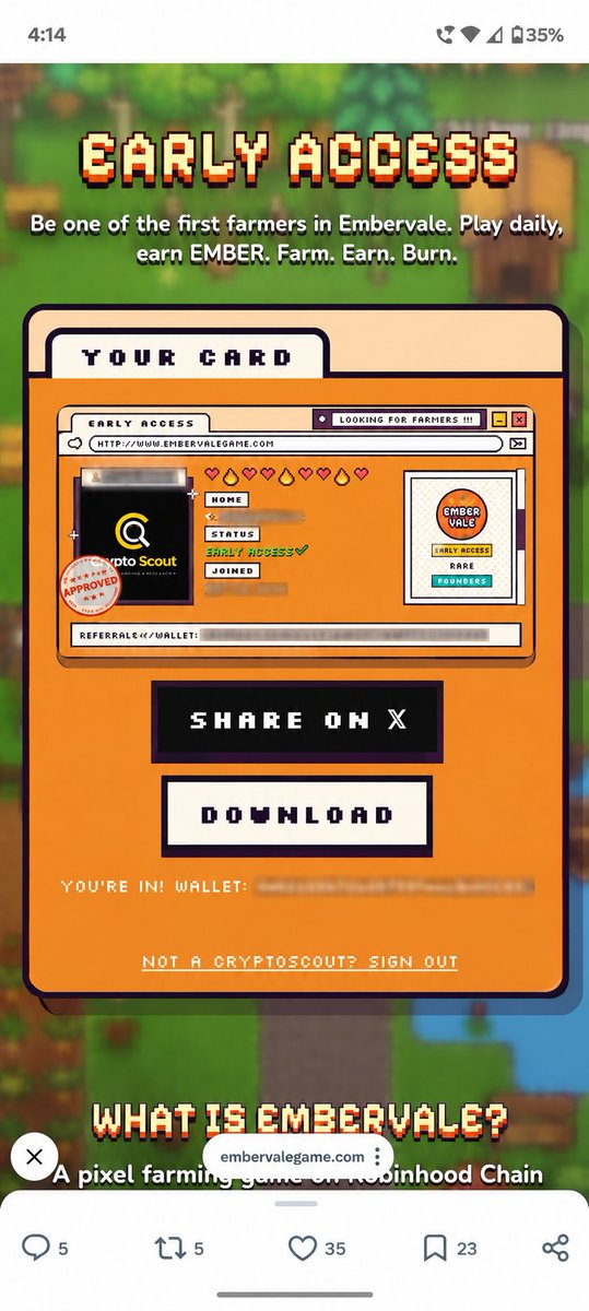 _CryptoScout's tweet photo. 🔥 Embervale: A New Farming Adventure on Robinhood Chain 🌱⛏️

Early Access is LIVE, and 2,000 FREE NFTs are available! 🎮

🔗 Join here: https://t.co/zmMNnrtVJu

🎮 What can you do in Embervale?

🌾 Farm: Plant seeds, water crops, harvest resources, raise chickens, and complete village orders.

🎣 Fish & Forage: Catch fish in ponds, chop Emberwood, and collect herbs and berries.

⚔️ Explore & Fight: Mine ores and venture into the Depths with swords, bows, or staffs to hunt for items.

💎 Earn $EMBER: Complete daily village orders and claim eligible rewards through your Robinhood Chain wallet.

🔥 Token Mechanism: According to the project, 70% of in-game spending is permanently burned.

🚀 How to join Early Access:
✅ Connect your X account
✅ Follow @Embervale_
✅ Like and repost the official post
✅ Quote the post
✅ Comment and submit your comment link
✅ Submit your Robinhood Chain wallet address

🌱 Farming, fishing, mining, and combat—all in one pixel world!

Will Embervale become an interesting new name in Web3 gaming? 👀

Join Early Access and explore it yourself! 🧡👇

🔗 https://t.co/zmMNnrtVJu

#Embervale #RobinhoodChain #Web3Gaming #GameFi