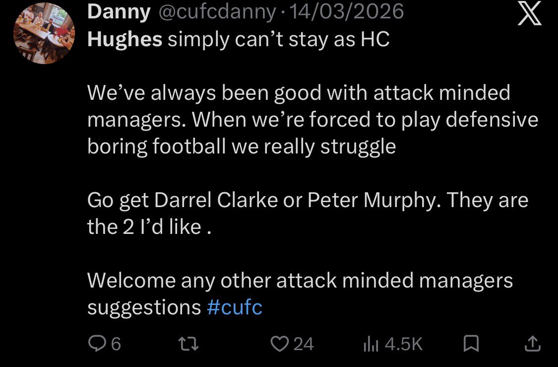 cufcag's tweet photo. @cufcdanny Danny Poo head strikes again - you liked Hughes but wanted him gone - can’t stay after getting 95 points - moan about ripping 95 point team apart - happy with rob joining - wants rob gone https://t.co/aGrwcdK8nV
