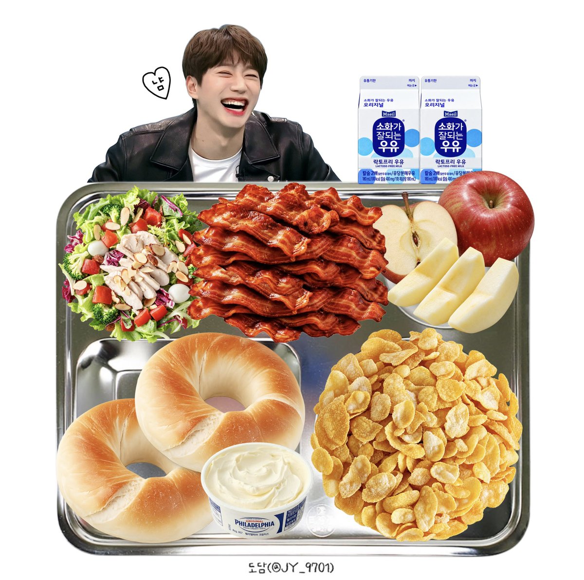 JY_9701's tweet photo. 준영이 식판🪖
26.10.11 (일) 조식

- 베이글&amp;크림치즈
- 크리스피베이컨
- 닭가슴살샐러드
- 시리얼
- 우유
- 사과

준영아 많이 먹어♥️ https://t.co/GWpFiHPpWc