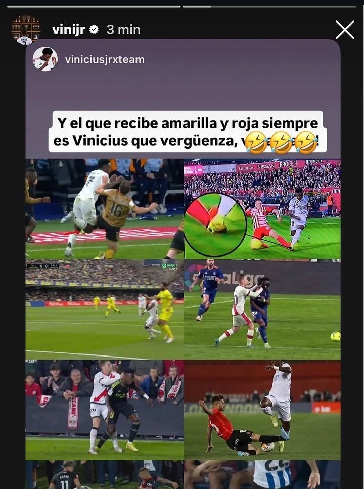realmilgrauu's tweet photo. Vinicius Jr compartilhou uma postagem nos stories que mostra ele sendo alvo várias vezes, enquanto nenhuma punição foi aplicada. https://t.co/dbYqdosqya