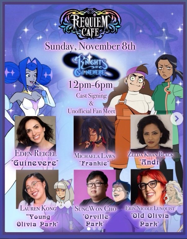 LetAnimesCook's tweet photo. Meet the cast of Knights of Guinevere at @RequiemCafe in Anaheim, California on November 8th. The event is FREE to attend and the autograph costs will vary between the cast. Enjoy!

@glitch_prod 

#knightsofguinevere #kog #guinevere https://t.co/0yH4iRd1Yf