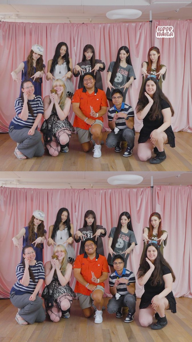 Two photos of a group of fans posing together in front of a pink curtain with a 'KPOP NARA' watermark, making heart shapes with their hands.