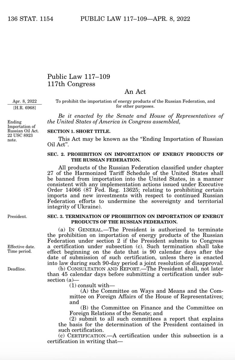 history_under's tweet photo. Looks like Trump’s announcement of a diesel deal with Russia is a violation of Public Law 117-109 also known as the Ending Importation of Russian Oil Act, which was enacted on April 8, 2022. The only way around it is if the President submits to Congress proof that Russia has ceased hostilities and has withdrawn from Ukraine. 

Here’s the deal. The Republicans are always putting forth the argument that we are a nation of laws. If someone enters the country illegally, they need to be deported because we are a nation of laws. If a city is being burned by rioters, those responsible need to go to jail because we are a nation of laws. I agree with all of this. 

But you can’t abandon that idea or ignore it when it’s convenient. Not if you are a person of principle. So if the person that you voted for is breaking the law, you shouldn’t defend it. Of course, have your opinions (even if your opinion is ill informed and stupid) but be willing to stand on the foundation that we are a nation of laws. Both sides need to be willing to call balls and strikes for their own team.