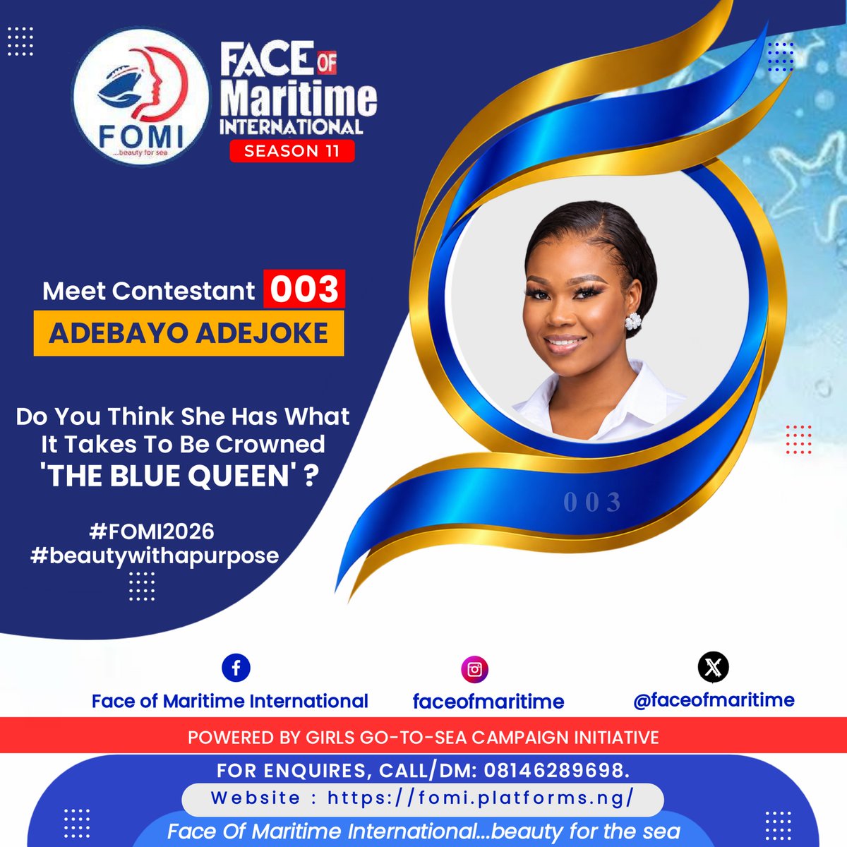 FaceOfMaritime's tweet photo. Do you think she deserves to wear the prestigious FOMI Crown? 
Tell us what you know about her!

#fomi2026 #thebluequeenedition #beautywithapurpose @q7parisskincare https://t.co/AtYVQxuanS