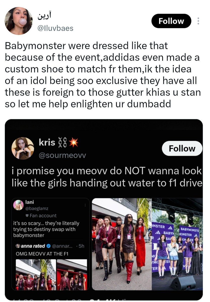 sourmeovv's tweet photo. meovv literally wearing ferrari's rtw line while one piece costs more than those tacky adidas x shein fits your faves wore lmaooo https://t.co/PR4QvsszLU