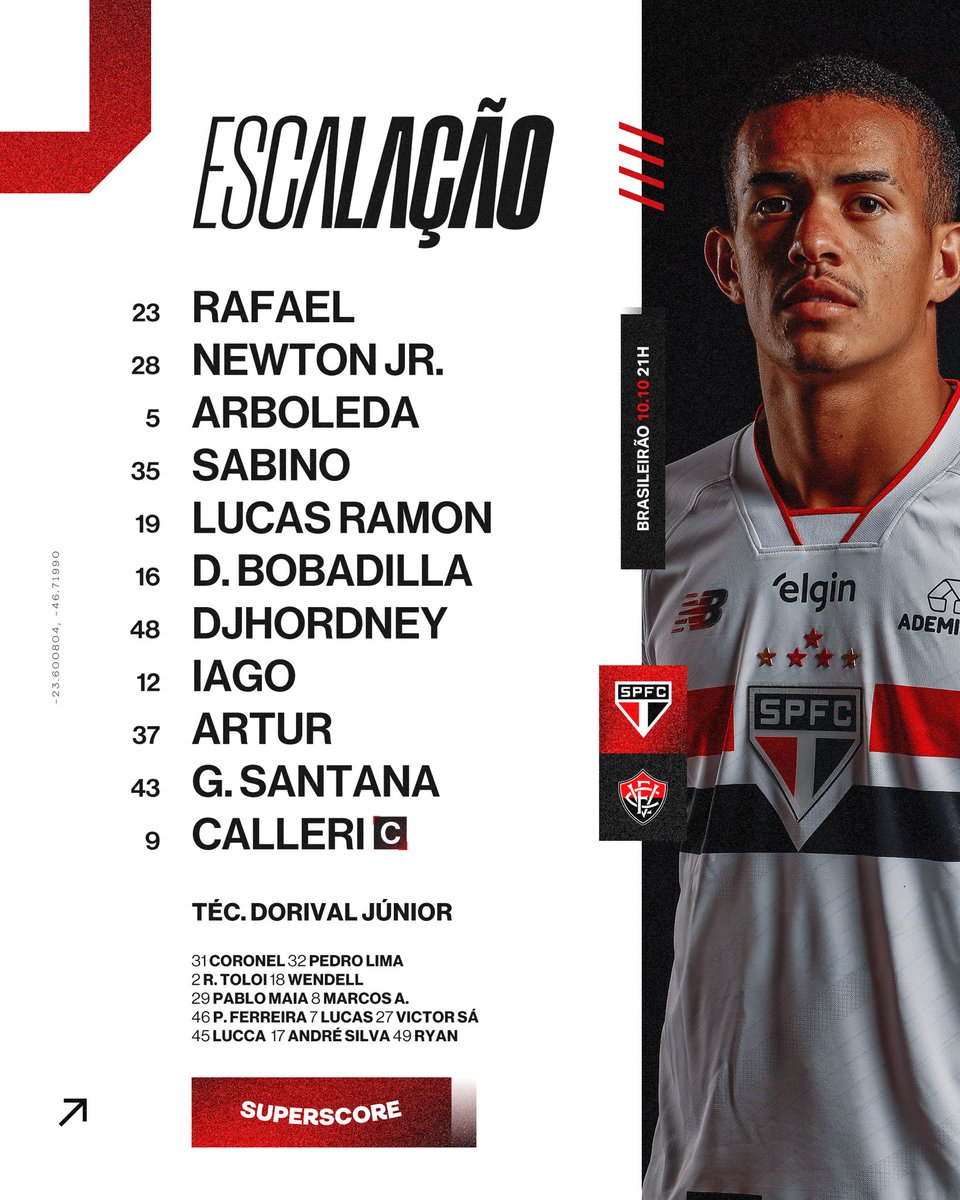 SaoPauloFC's tweet photo. 🇾🇪 O Tricolor está escalado! 

⚽ São Paulo x Vitória 
🏟️ MorumBIS 
⏰ 21h 
🏆 Brasileirão (30ª rodada) 

📺 Sportv e Premiere
🎙️ SPFC Play

#VamosSãoPaulo 🇾🇪 https://t.co/qh8ZjASDfn