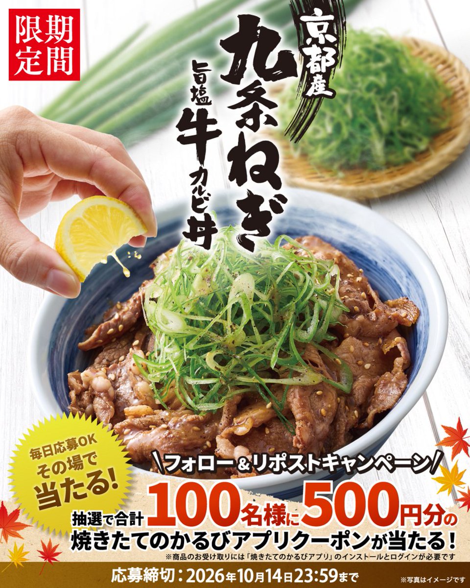 yakitate_kalbi's tweet photo. 🟢🟡🟢🟡🟢🟡
京都産九条ねぎ旨塩牛カルビ丼販売！
フォロー&リポストキャンペーン4日目🎉
🟢🟡🟢🟡🟢🟡

香り豊かな京都産九��ねぎをたっぷり使用♪
牛カルビとの相性は抜群です👍

抽選で100名様に
500円分アプリクーポン当たる！

1️⃣ @yakitate_kalbiをフォロー 
2️⃣この投稿をリポスト
当選者のみDMをお届け✉️