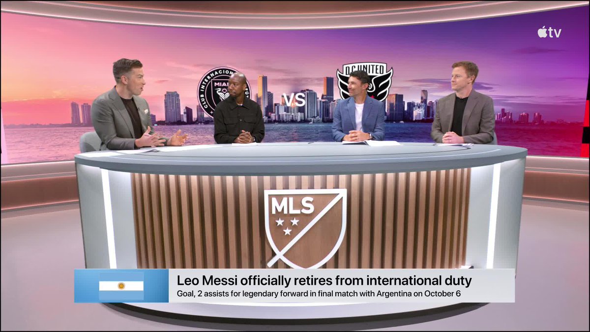 Four panelists sit at an MLS-branded desk broadcasting on Apple TV, with Inter Miami and DC United logos displayed on the backdrop above a "VS" graphic. A lower-third graphic shows the Argentina flag alongside text reading "Leo Messi officially retires from international duty - Goal, 2 assists for legendary forward in final match with Argentina on October 6," tying into the pre-match coverage of Messi's Inter Miami hosting DC United.