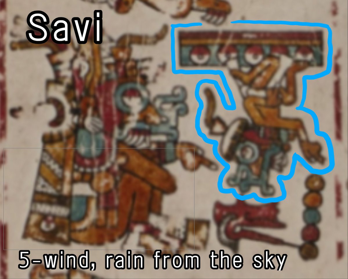crabbybaddie45's tweet photo. the names like Coo Dzavui(rain serpent) and Dzahui(rain) might be the attempt to translate the Morden Ñuu Savi language into ancient form, the real names for Koo Savi/Koo Sau and Savi are, 9-wind, jaguar serpent, and 5-wind, rain from the sky instead. https://t.co/7zAB56YYfL