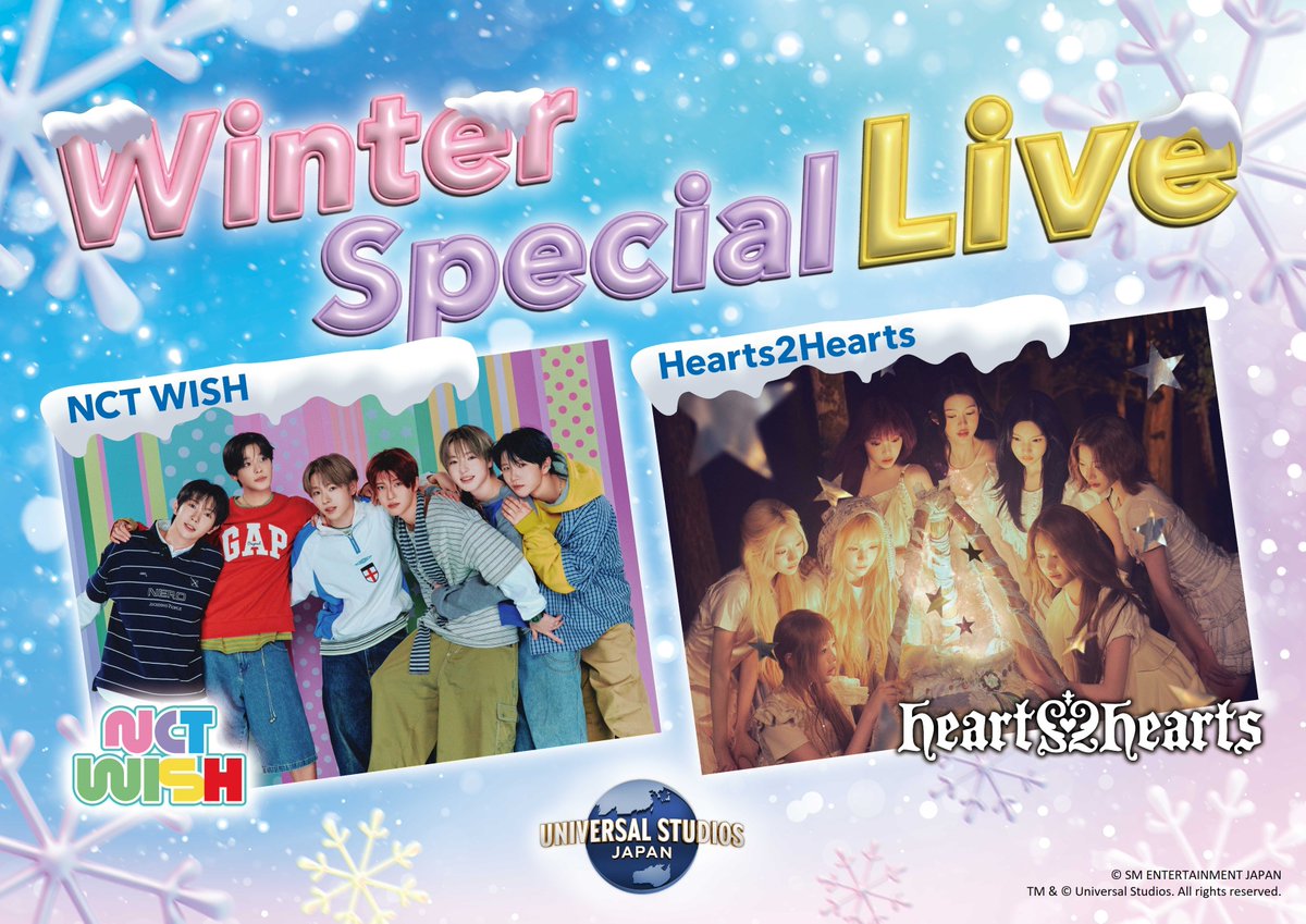 USJ_Official's tweet photo. ＼＼👀【本日18:00～】🎫／／
❄️Winter Special Live at UNIVERSAL STUDIOS JAPAN🎶
✨ローチケプレリク会員先行販売✨
https://t.co/HnKxDJTsUR

🩷「Hearts2Hearts」🩵「NCT WISH」と
USJがコラボ！🎤

世界で大注目の二組と、
特別な一日を🎉

一般販売は10/28(水)よりSTART！
#NCTWISH
#NCT_10TH_ANNIVERSARY
#Hearts2Hearts 
#하츠투하츠 #H2H